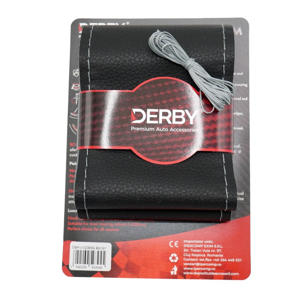 Husa volan neagra cu ac si ata 80 g, cusatura gri DERBY 