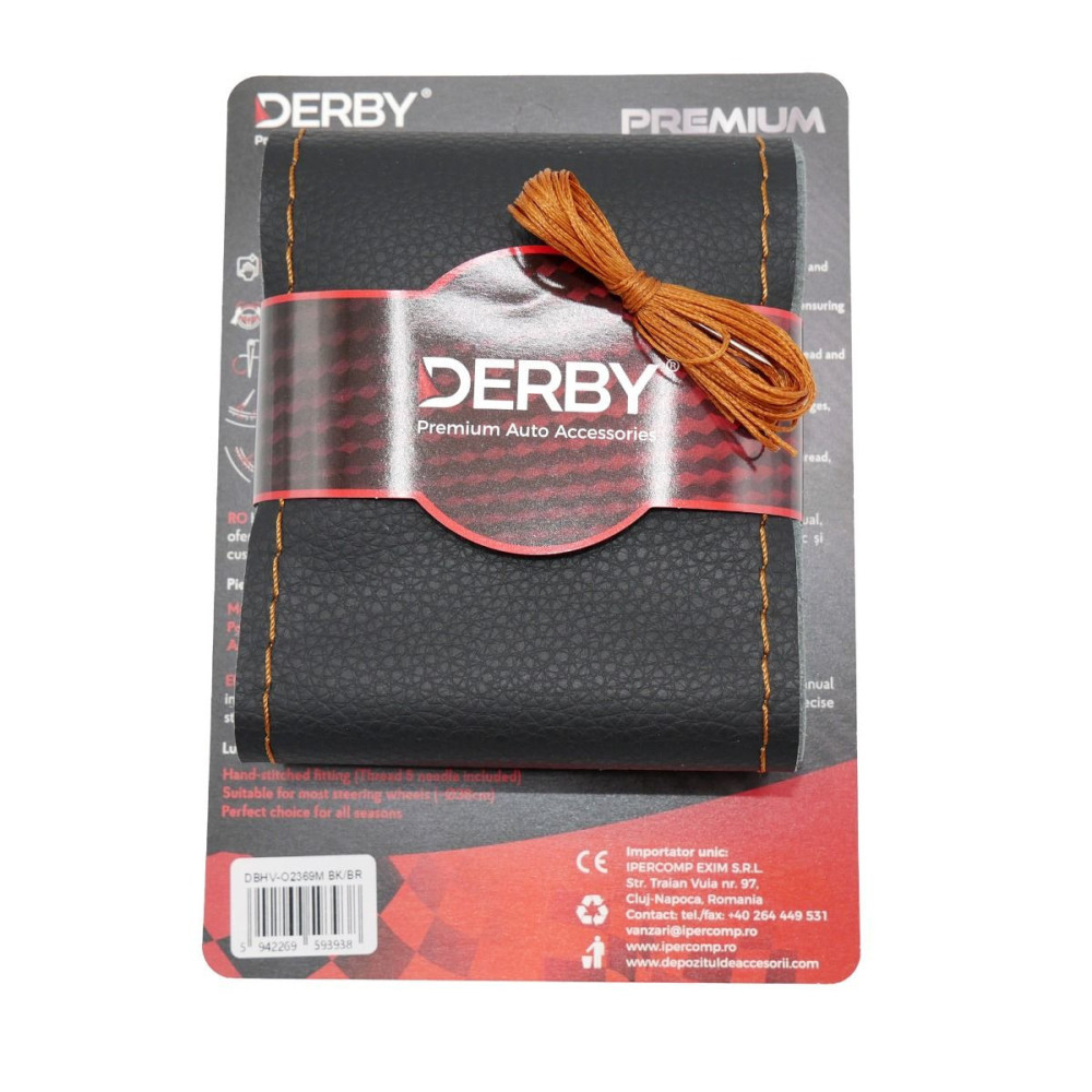Husa volan neagra cu ac si ata 80 g, cusatura maro DERBY 