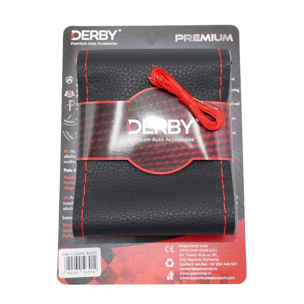 Husa volan neagra cu ac si ata 80 g, cusatura rosie DERBY 