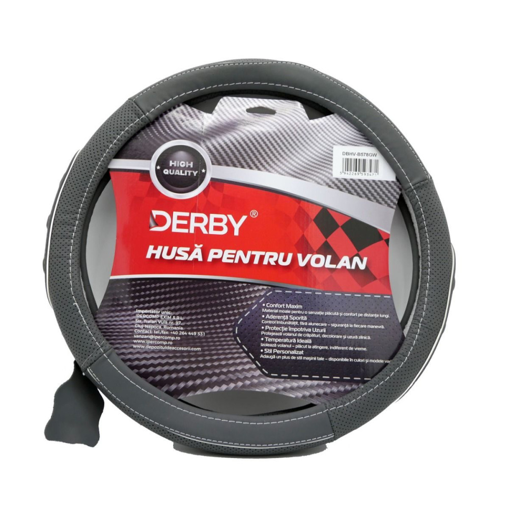 Husa volan piele naturala DERBY Gri Alb (37-39 cm) 